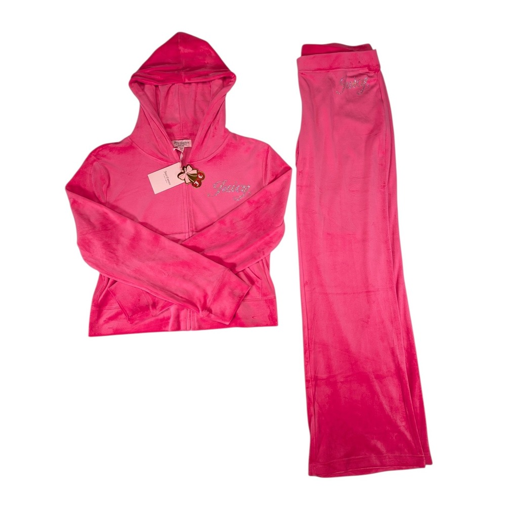 Juicy Couture Hot Pink Velour Tracksuit Hoodie & Pants Set Rhinestone Logo NWT L